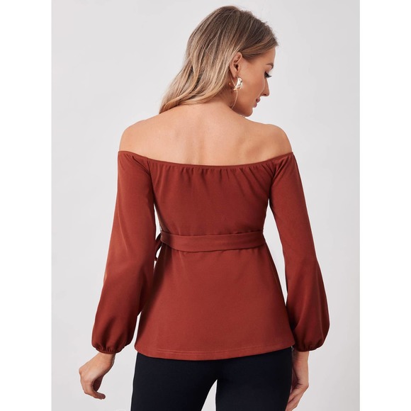 Maternity V Off Shoulder Belted long sleeve Top black - Picture 6 of 8